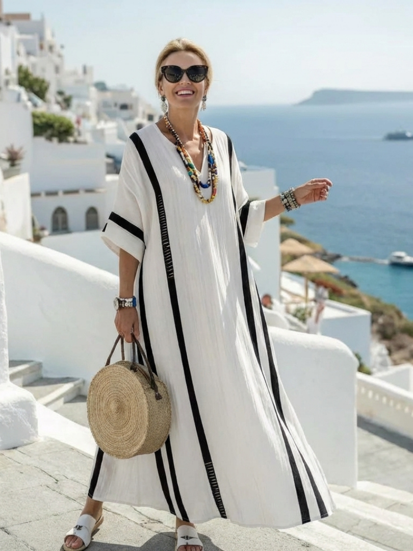 Elvienne | Maxi Dress with Short Sleeves and Color Block Stripes