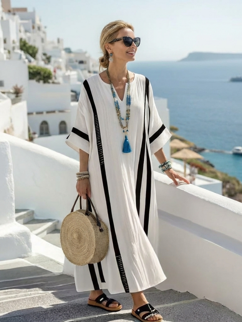 Elvienne | Maxi Dress with Short Sleeves and Color Block Stripes