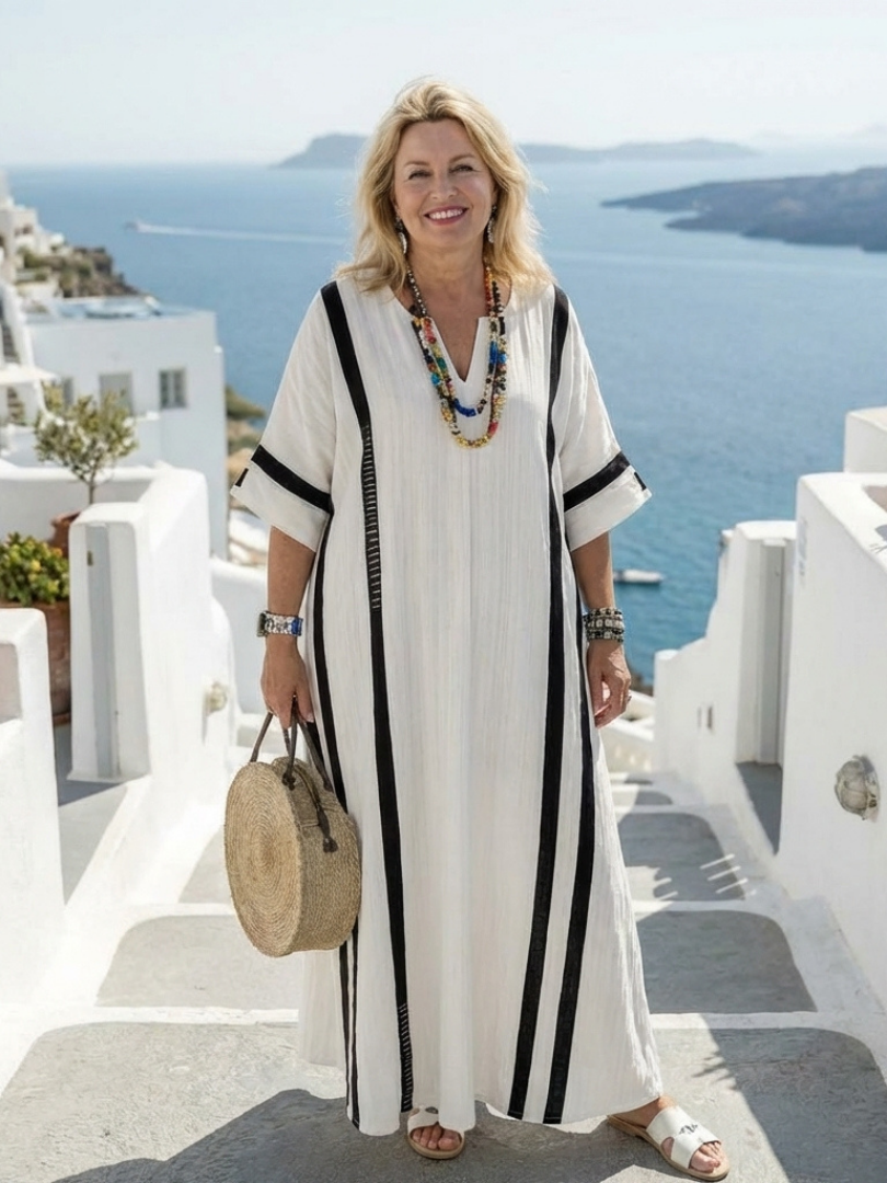 Elvienne | Maxi Dress with Short Sleeves and Color Block Stripes