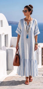 Ione | Crew Neck Short Sleeve Striped Maxi Dress