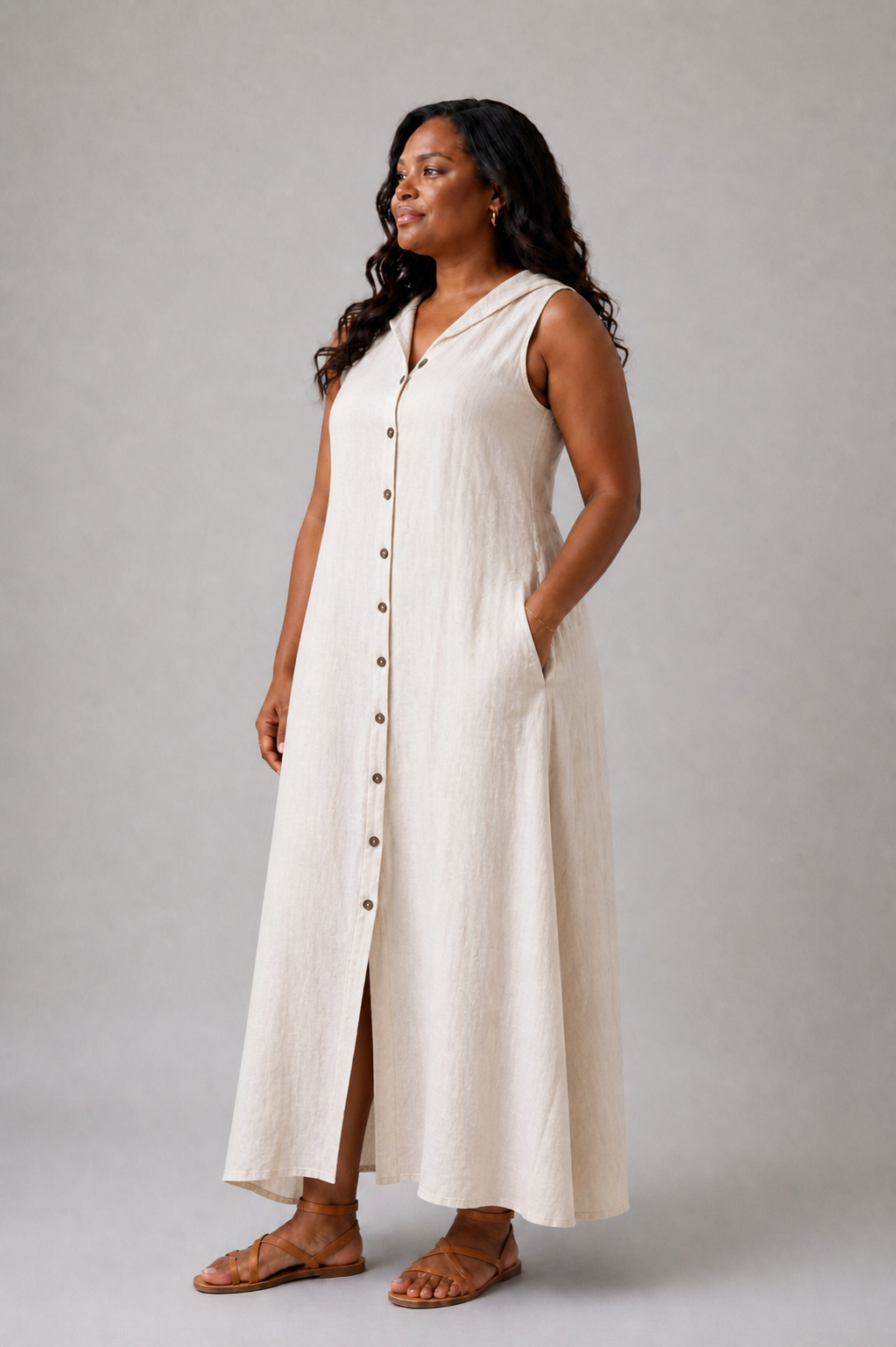 Marune | Sleeveless Maxi Dress with Button Placket and Hood