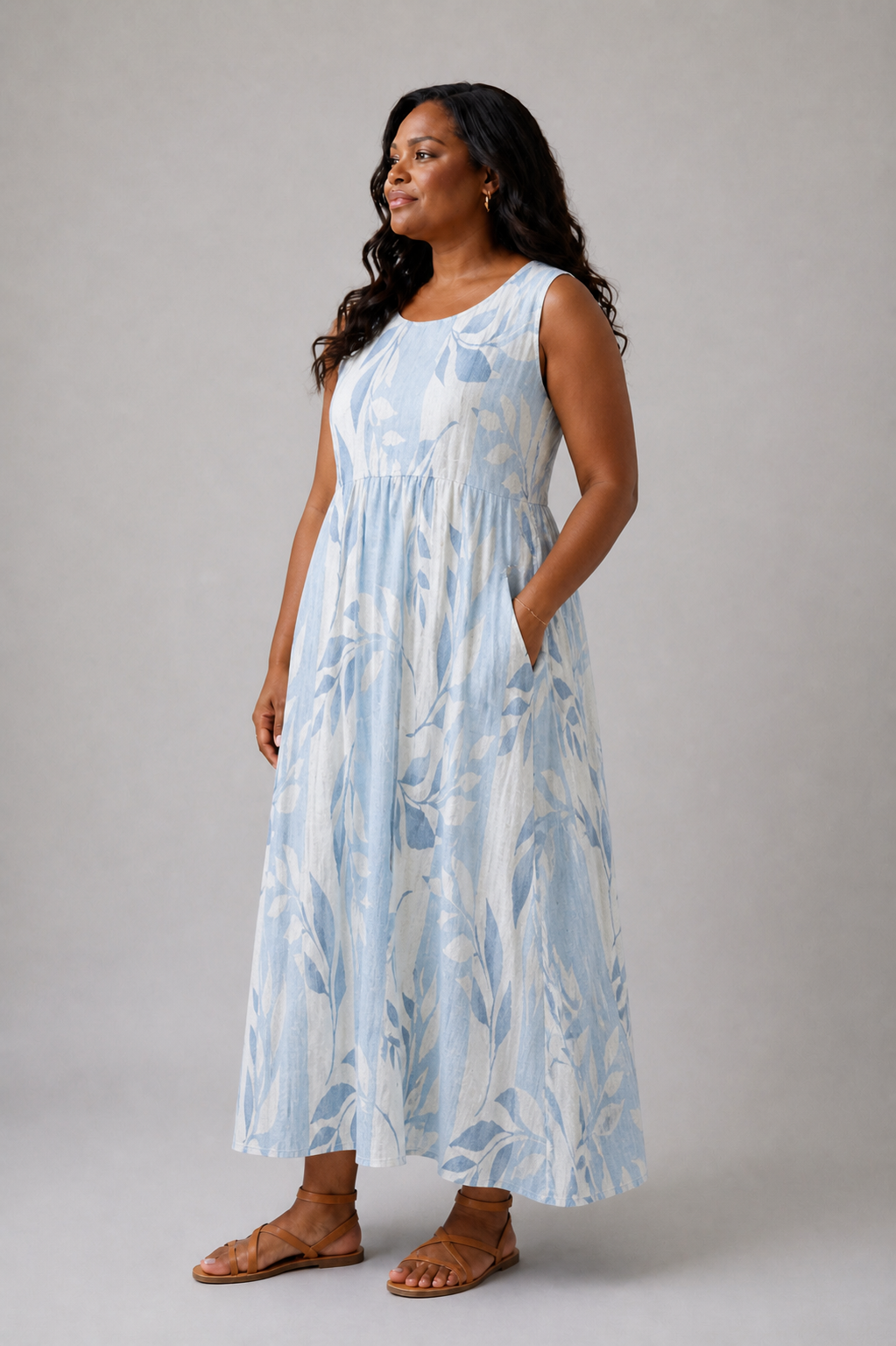 Solene | Sleeveless Midi Dress with Blue Leaf Print