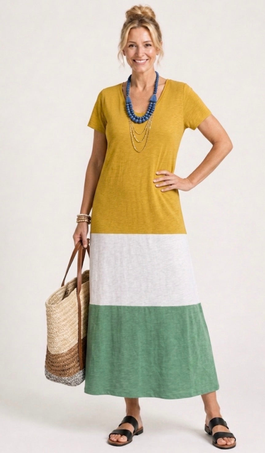 Thalia | V-Neck Colorblock Short Sleeve Midi Dress