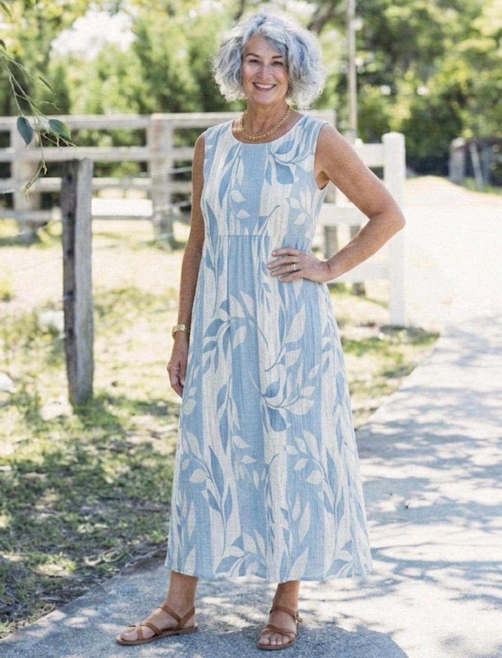 Solene | Sleeveless Midi Dress with Blue Leaf Print