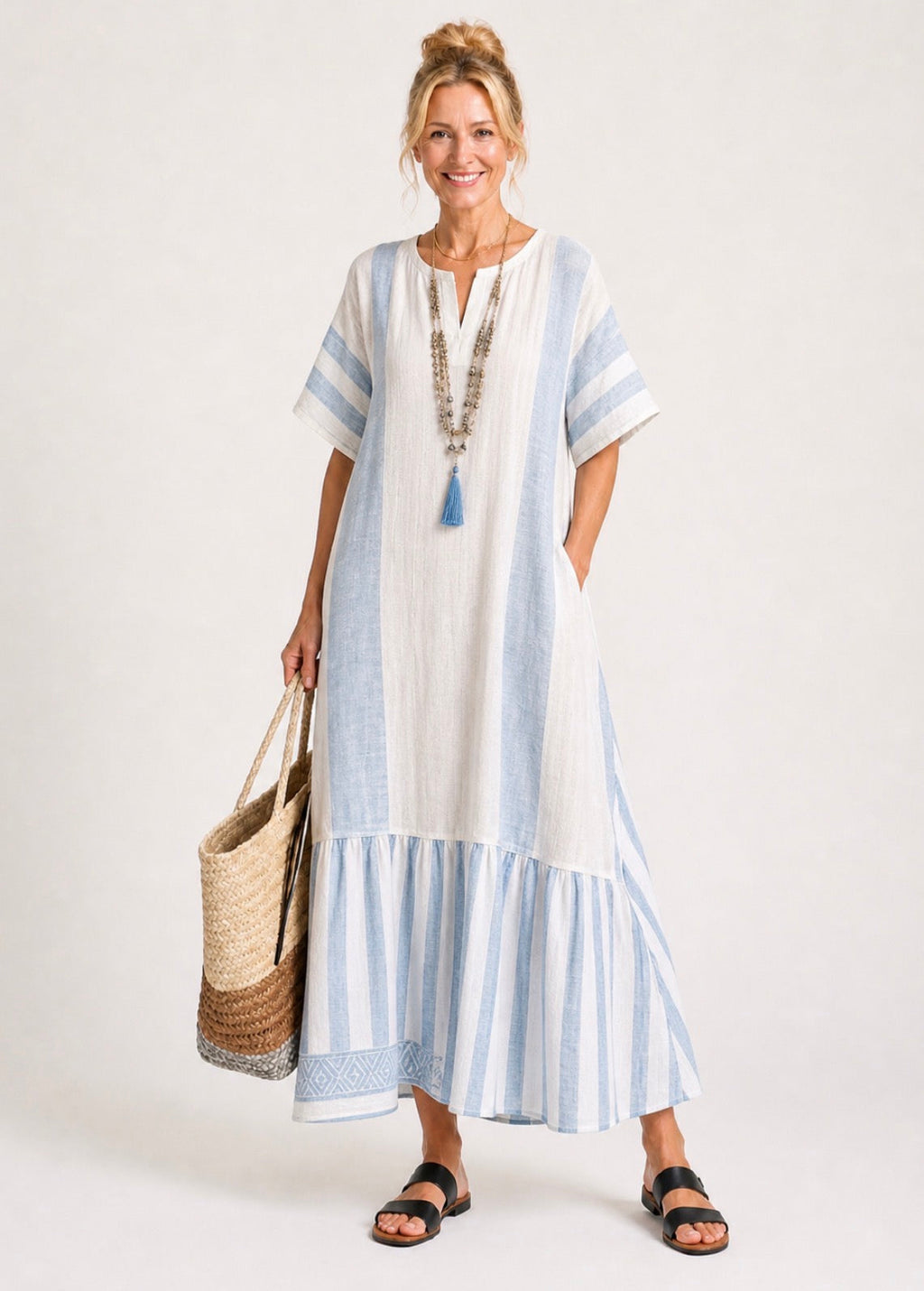 Ione | Crew Neck Short Sleeve Striped Maxi Dress