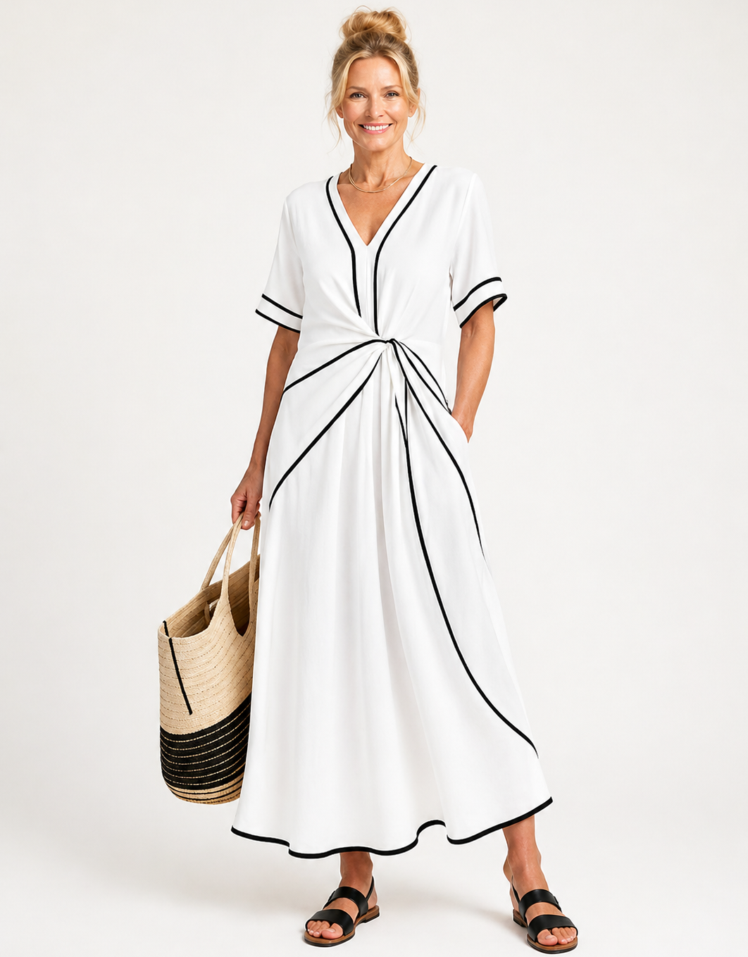 Linnea | V-Neck Short Sleeve Fitted Midi Dress