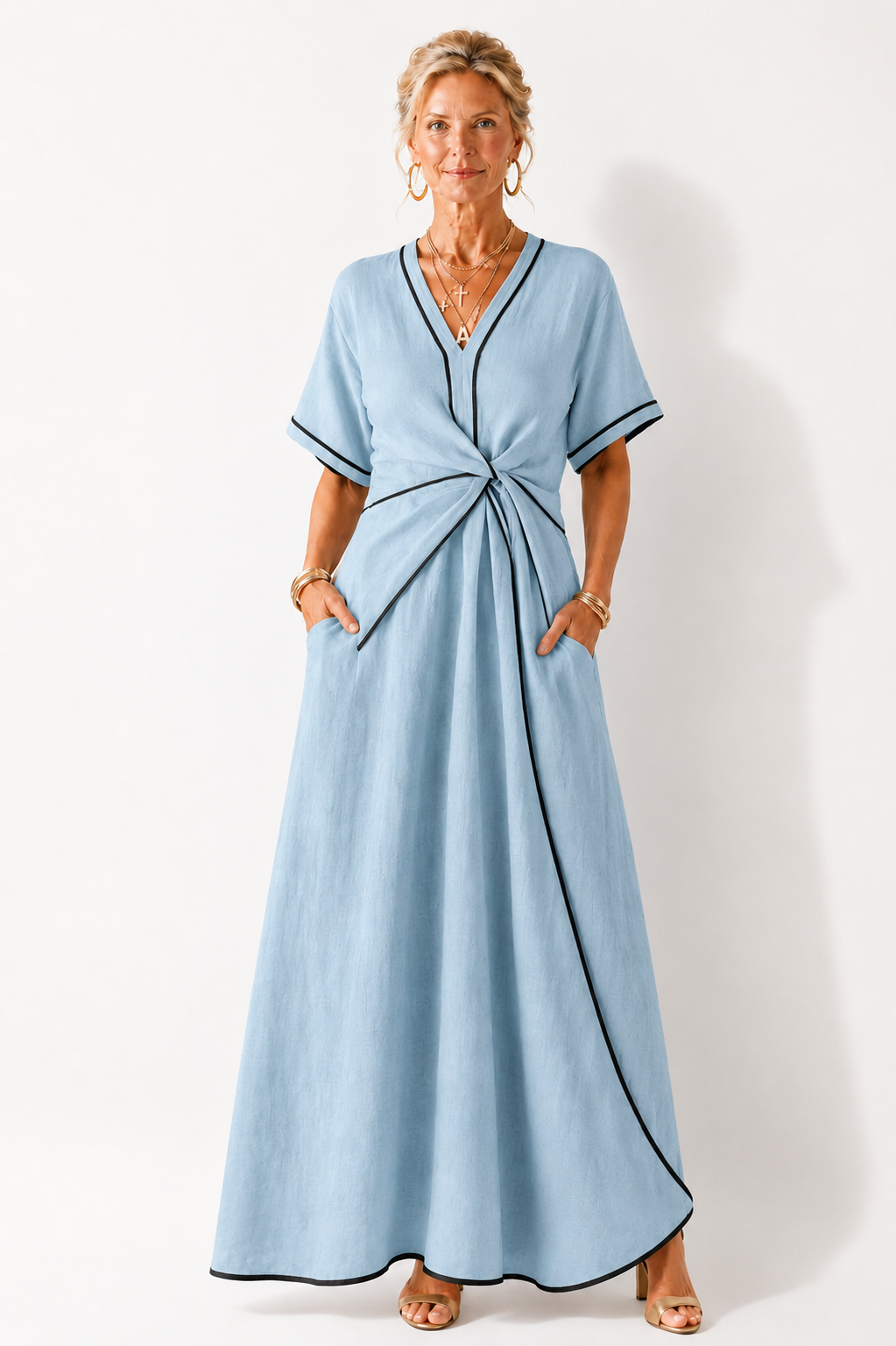 Linnea | V-Neck Short Sleeve Fitted Midi Dress