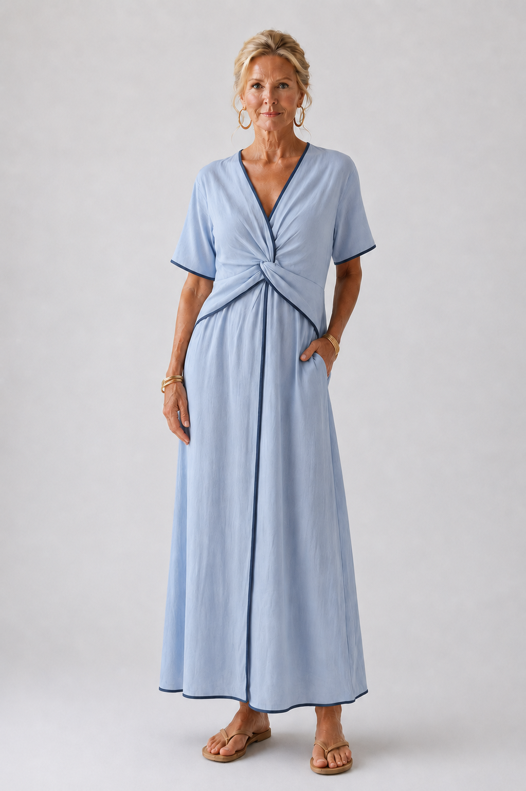 Eirene | V-Neck Short Sleeve Twist Front Midi Dress