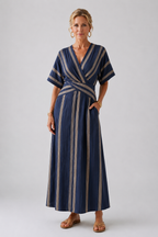 Saphira | V-Neck Short Sleeve Striped Wrap Midi Dress