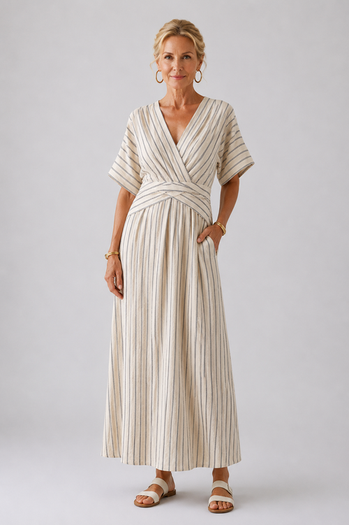 Cressida | V-neck Short Sleeve Dress with Crossover Waist Midi