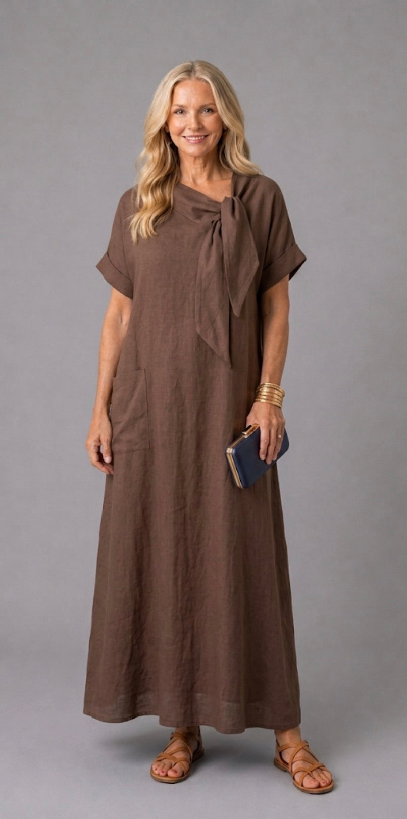 Tivara | Midi dress with short sleeves, bow collar, and pockets