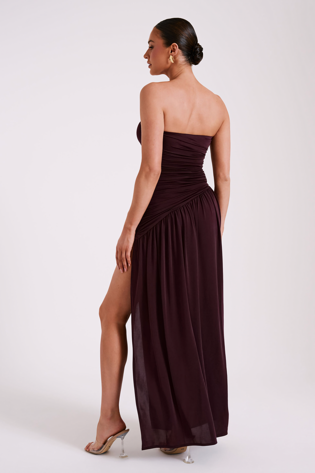 Ruched evening gown in Bordeaux