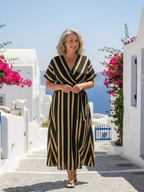 Lina | Short Sleeve V-Neck Striped Wrap Midi Dress