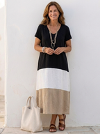 Thalia | V-Neck Colorblock Short Sleeve Midi Dress