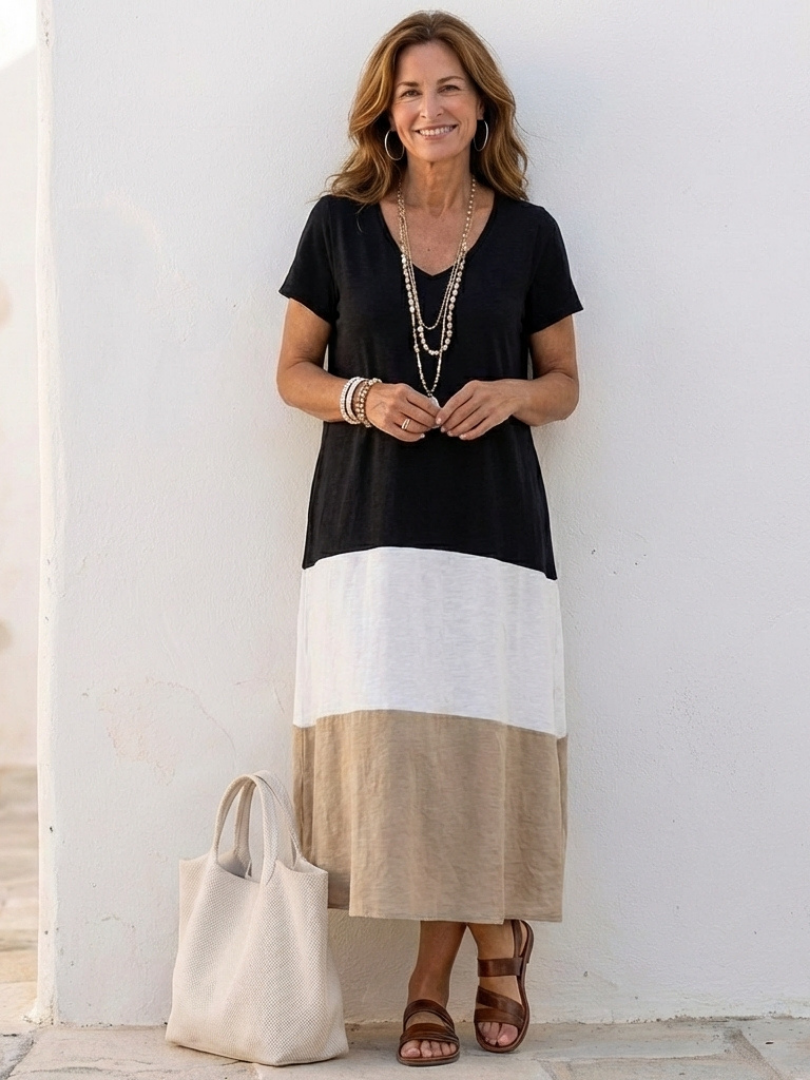 Thalia | V-Neck Colorblock Short Sleeve Midi Dress
