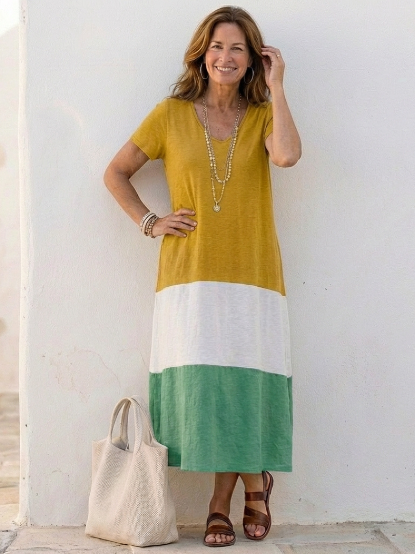 Thalia | V-Neck Colorblock Short Sleeve Midi Dress