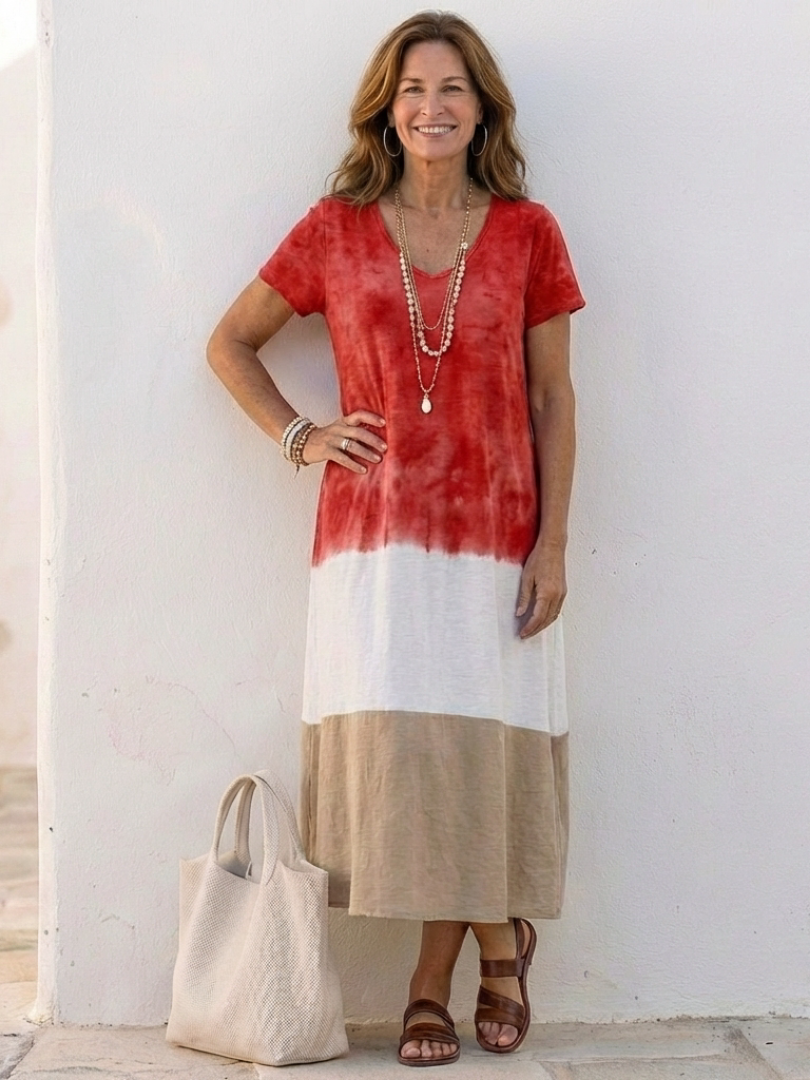 Thalia | V-Neck Colorblock Short Sleeve Midi Dress