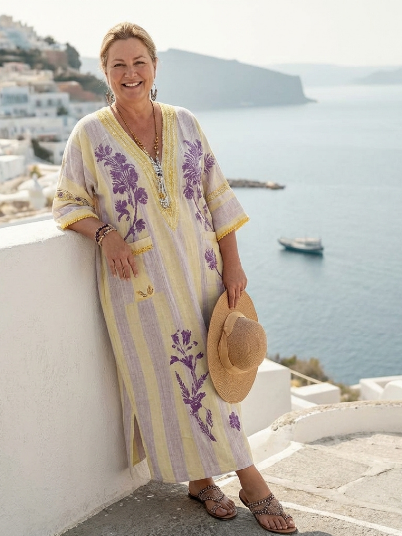 Aurelia | V-Neck Half Sleeve Striped Floral Maxi Dress