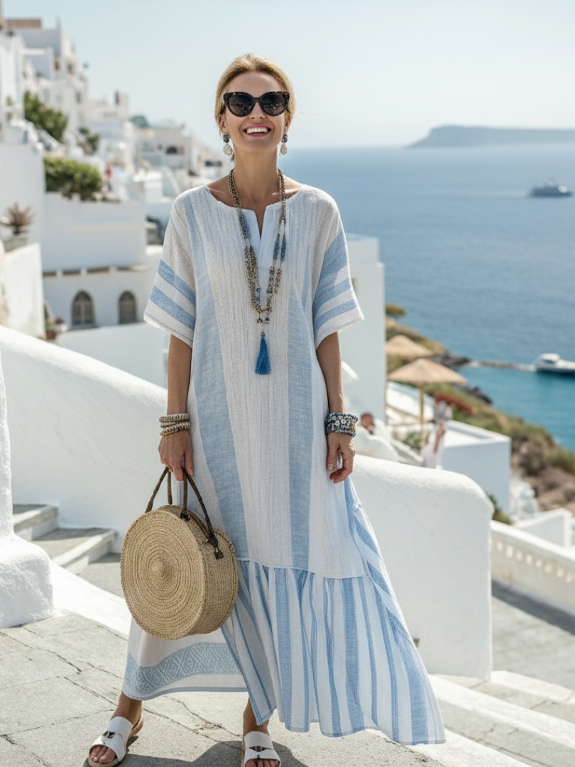 Ione | Crew Neck Short Sleeve Striped Maxi Dress