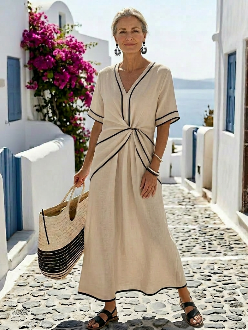 Linnea | V-Neck Short Sleeve Fitted Midi Dress