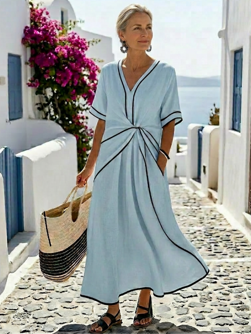 Linnea | V-Neck Short Sleeve Fitted Midi Dress