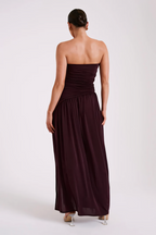 Ruched evening gown in Bordeaux