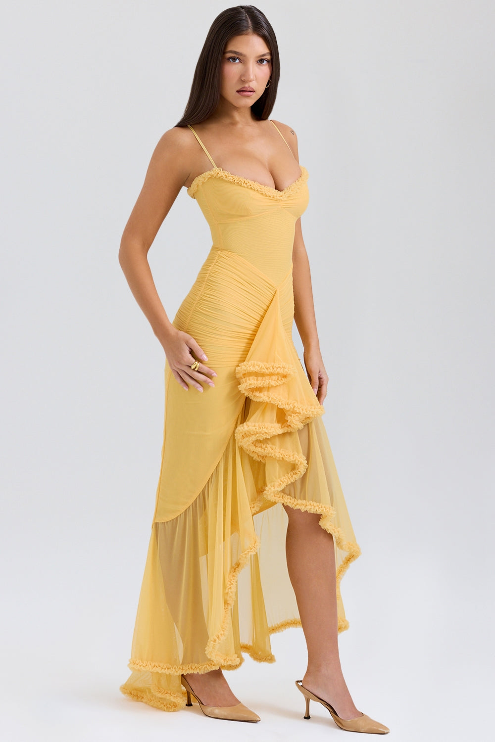 Maxi dress in ruffled mesh