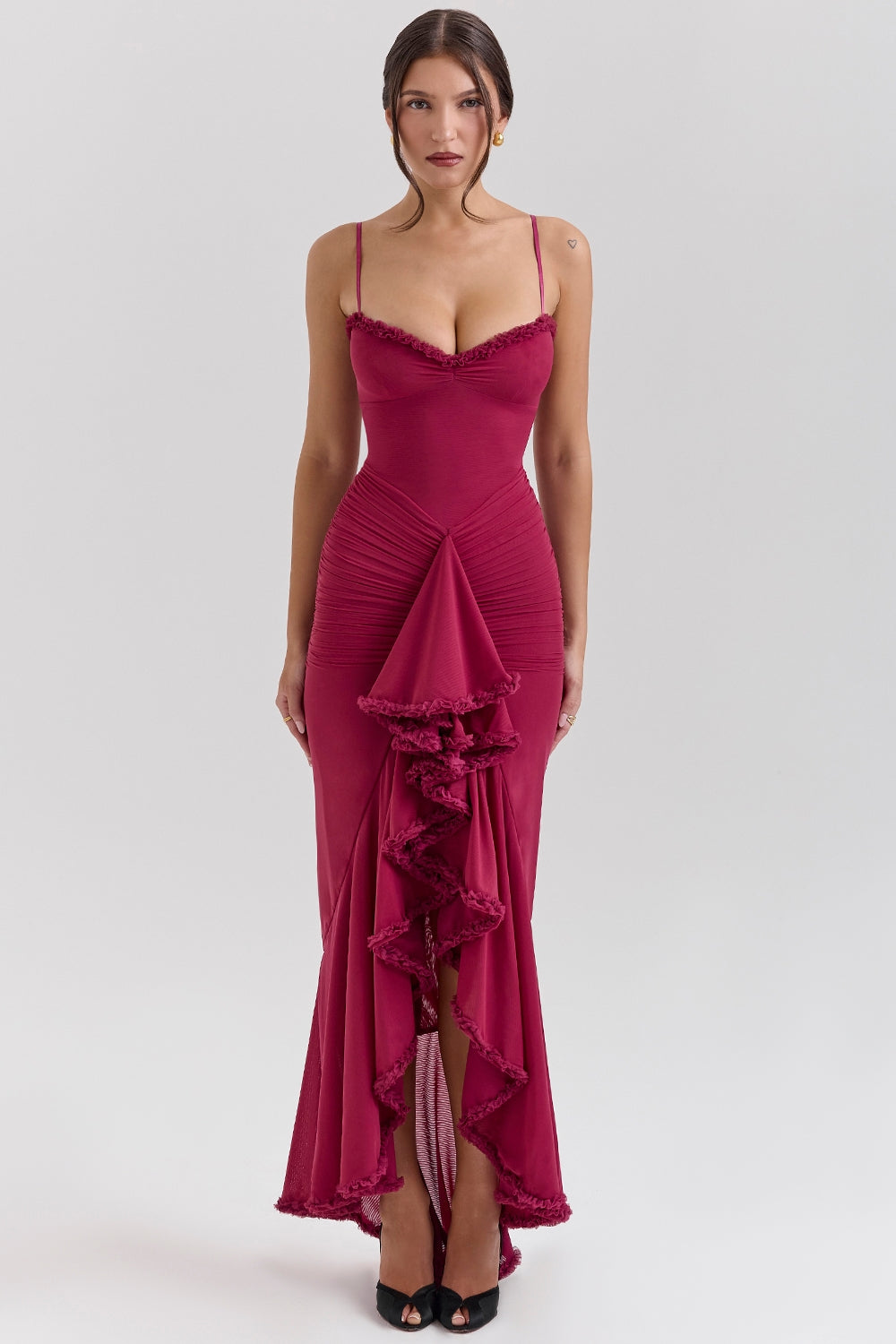 Maxi dress in ruffled mesh