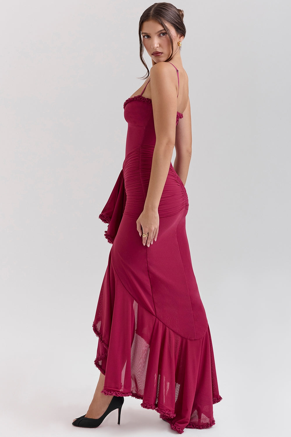 Maxi dress in ruffled mesh
