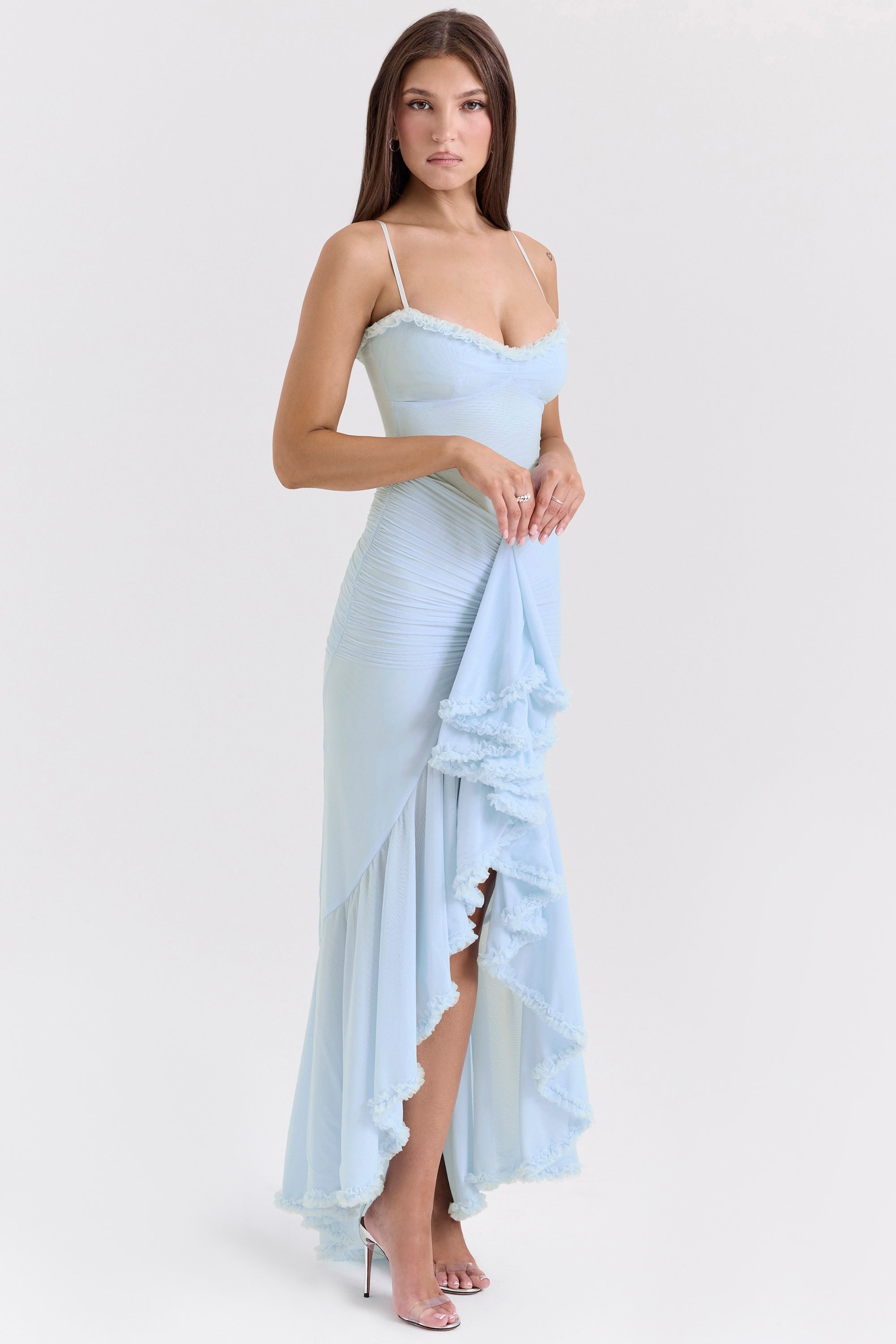 Maxi dress in ruffled mesh