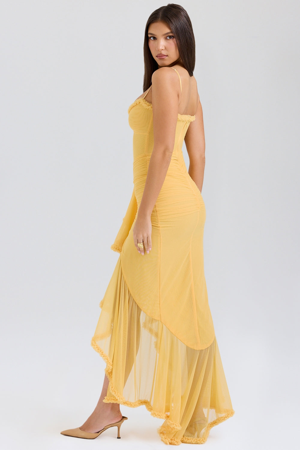 Maxi dress in ruffled mesh