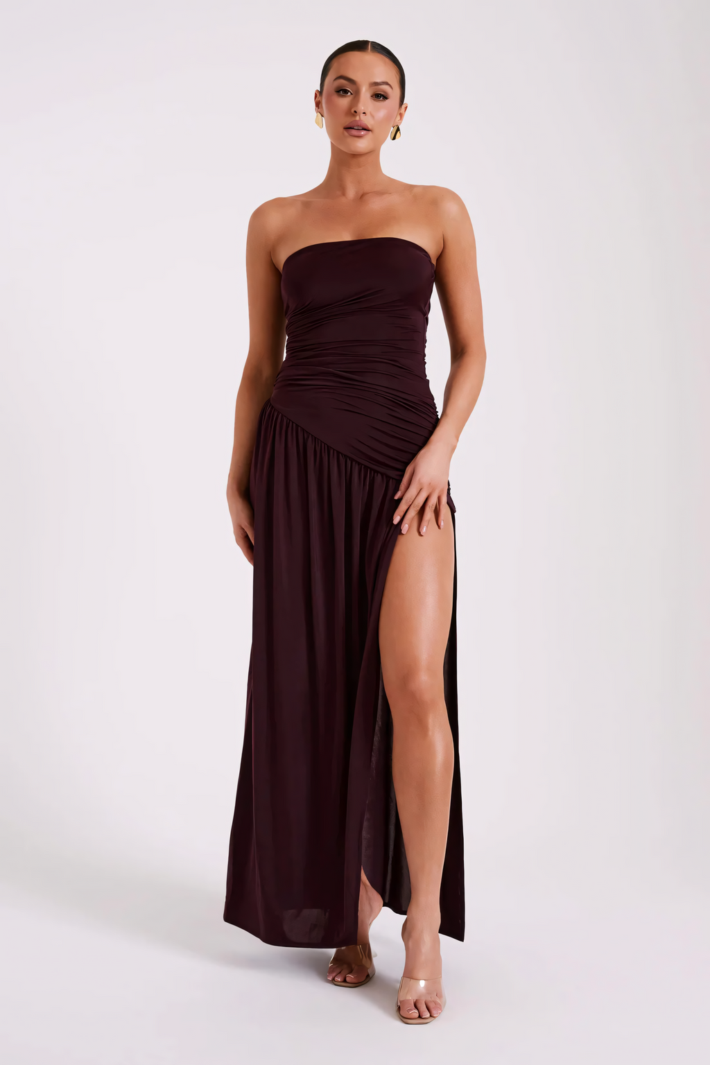 Ruched evening gown in Bordeaux